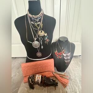 Boho purse with large jewelry lot, necklaces, bracelets, ring